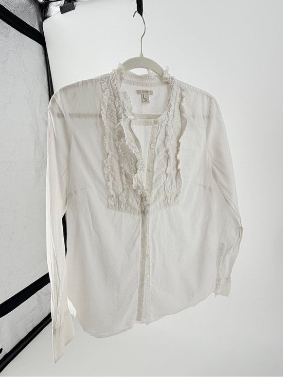 J. Crew Tops - J.CREW White Ruffle Front Collared Button-Down Long Sleeve Blouse 4 Cottage Core